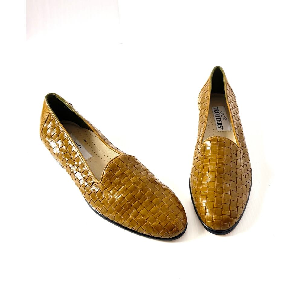 Trotters Flats Liz Woven Leather Shoes Size 8 Slim Tan Green Tone Comfort Shoes